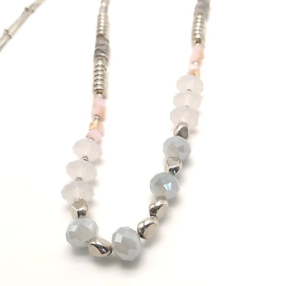 Long Beaded Necklace Pastel Colored Beads Silver-tone Delicate Beaded Chain - Picture 6 of 14